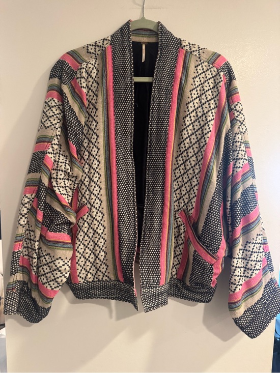 Free People Jackets & Blazers - Free People Striped Open Front Bomber Jacket Pink Black Cream M/L Boho Knit
